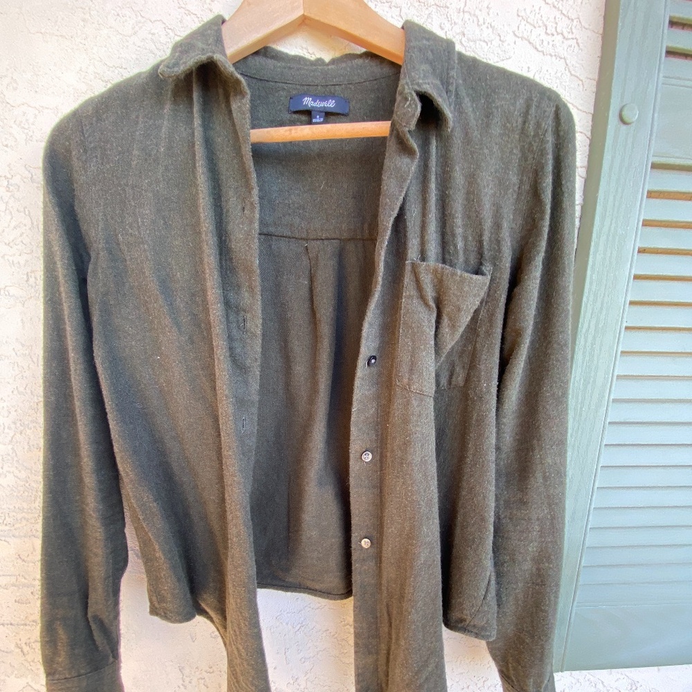 Madewell Long Sleeve Military Green Tie-Front Shirt Size Small